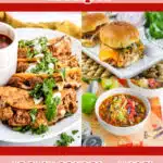 collage of shredded chicken recipes with text overlay