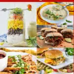 collage of shredded chicken recipes with text overlay