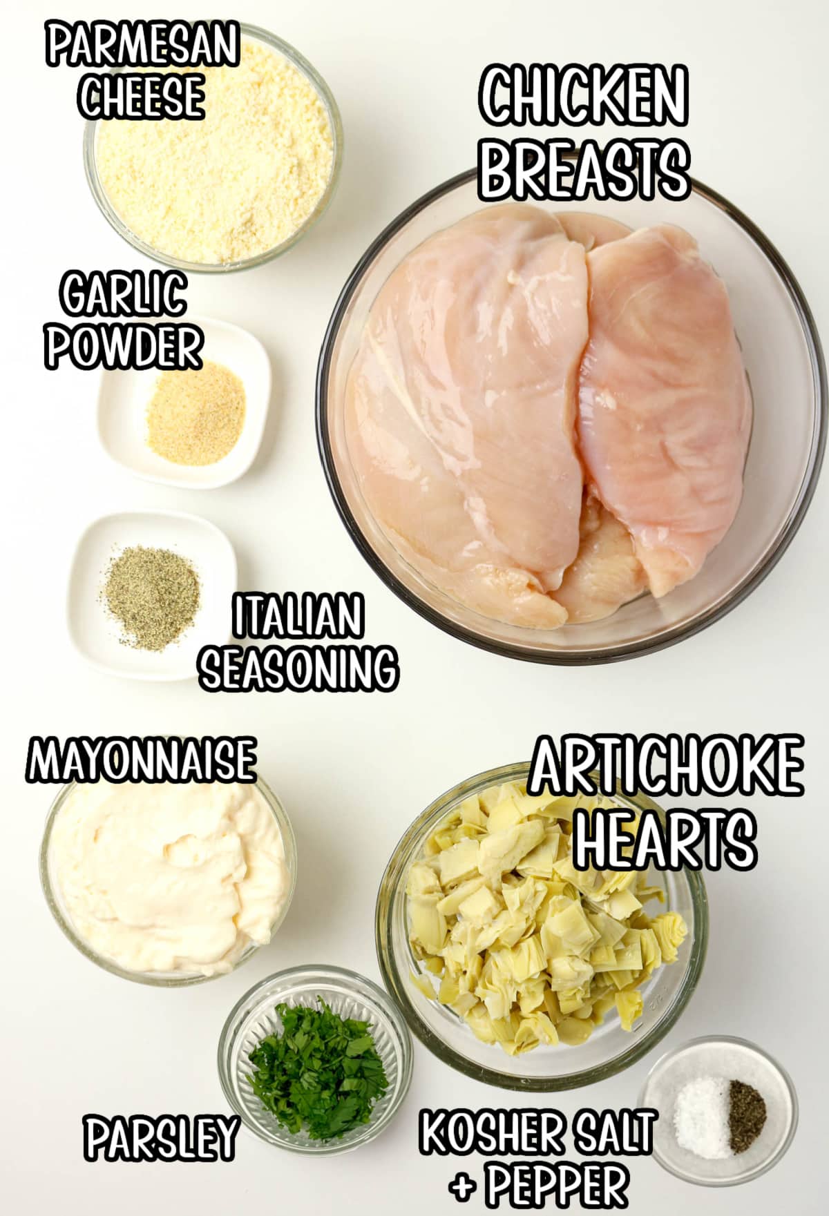 chicken and artichokes ingredients with text labeling