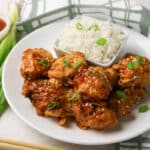 Bang Bang Chicken with rice on a round plate