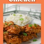 Dish of Bang Bang Chicken with rice and text overlay