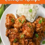 Bang Bang chicken with rice on a plate with text overlay