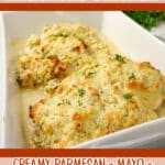 creamy artichoke chicken in a baking dish with text overlay
