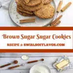 brown sugar cookies on a plate and ingredients for the cookies and text overlay