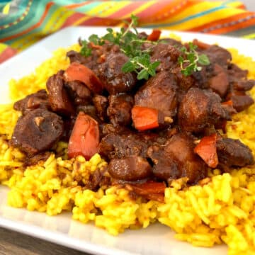 Browned Chicken Stew on yellow rice