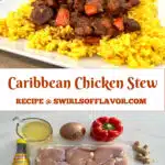 Jamaican Chicken Stew with yellow rice, photo of ingredients for recipe and text overlay