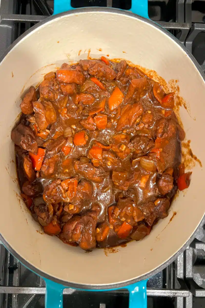 Browned Chicken Stew simmering in the pot