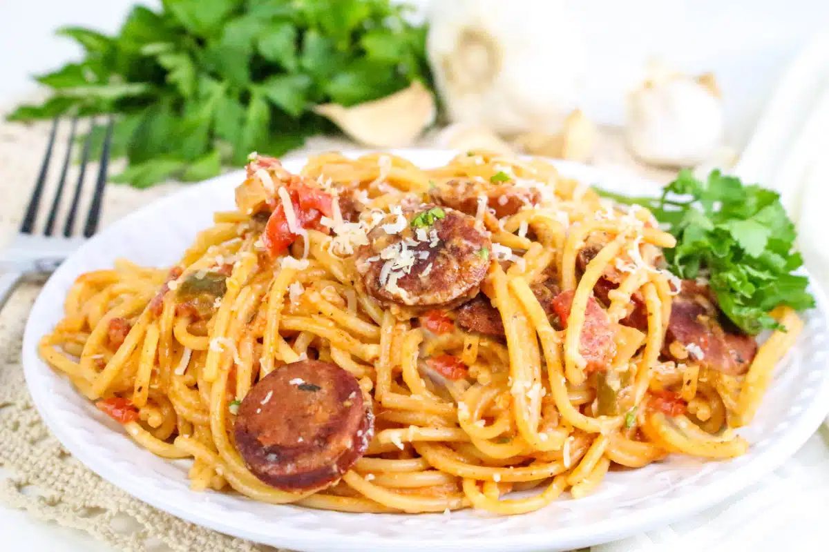 serving of Cajun sausage spaghetti with fresh parsley