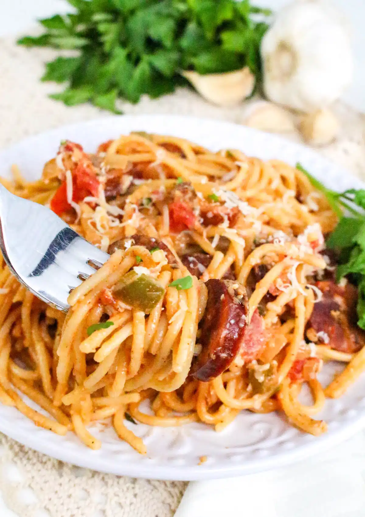 Cajun Sausage Spaghetti on a fork