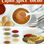 collage of Cajun spice blend in a bowl, ingredients in small bowls and whisking ingredients together with text overlay