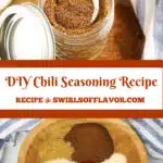 chili spice blend on a spoon and bowl of spices with text overlay