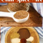 spoon of chili spice mix with bowl of ingredients and text overlay