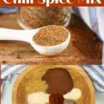 spoon of chili spice mix with bowl of ingredients and text overlay