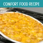 oval baking dish with mac and cheese and text overlay