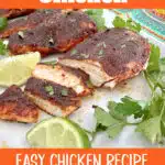 Sliced blackened chicken on a platter with text overlay