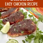 blackened chicken with lime and parsley on a platter with text overlay