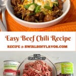 bowl of beef chili and photo of ingredients with text overlay