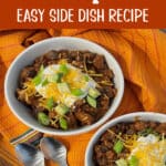 bowls of beef chili with toppings and text overlay