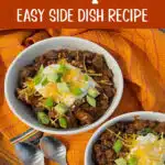 bowls of beef chili with toppings and text overlay
