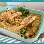 chicken casserole with gravy and text overlay