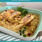 chicken casserole with gravy and text overlay