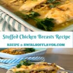 chicken casserole with stuffing and gravy and single serving on a dish with text overlay