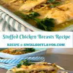 chicken casserole with stuffing and gravy and single serving on a dish with text overlay