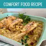 Chicken Casserole with gravy in a blue baking dish with text overlay