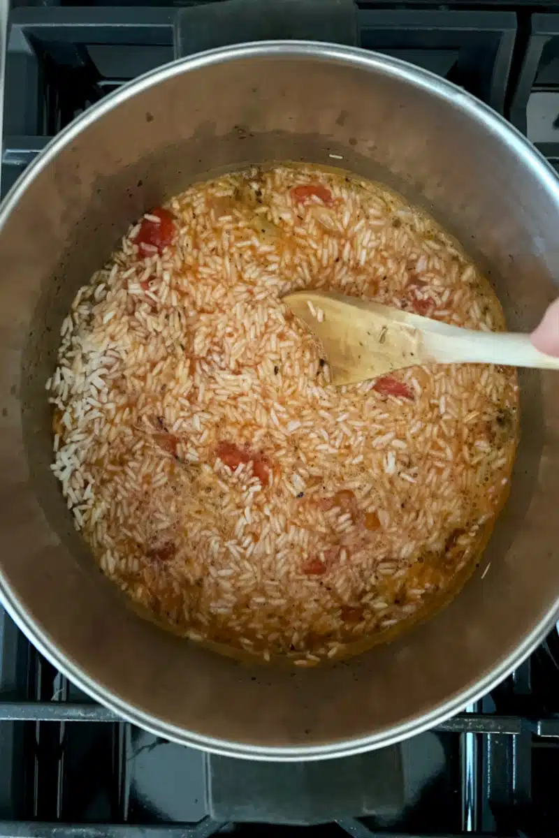 stirring rice into tomato broth in a saucepot