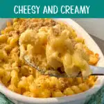 Baked Velveeta mac and cheese with breadcrumb topping and spoonful of mac and cheese and text overlay