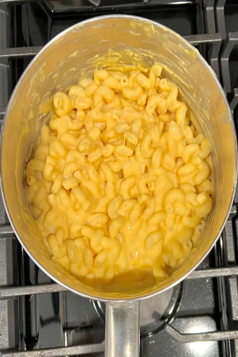 adding pasta to cheese sauce in a pot