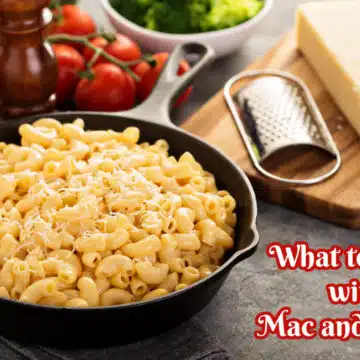 mac and cheese in cast iron skillet with post title