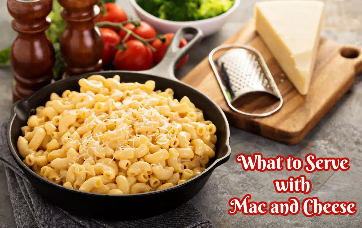 mac and cheese in cast iron skillet with post title
