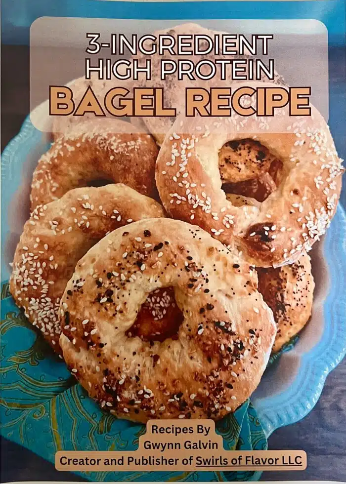 High protein bagel eBook cover with bagels in a bowl with a pretty napkin