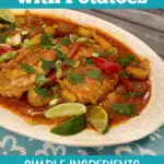 Red curry chicken with potatoes and red peppers and text overlay