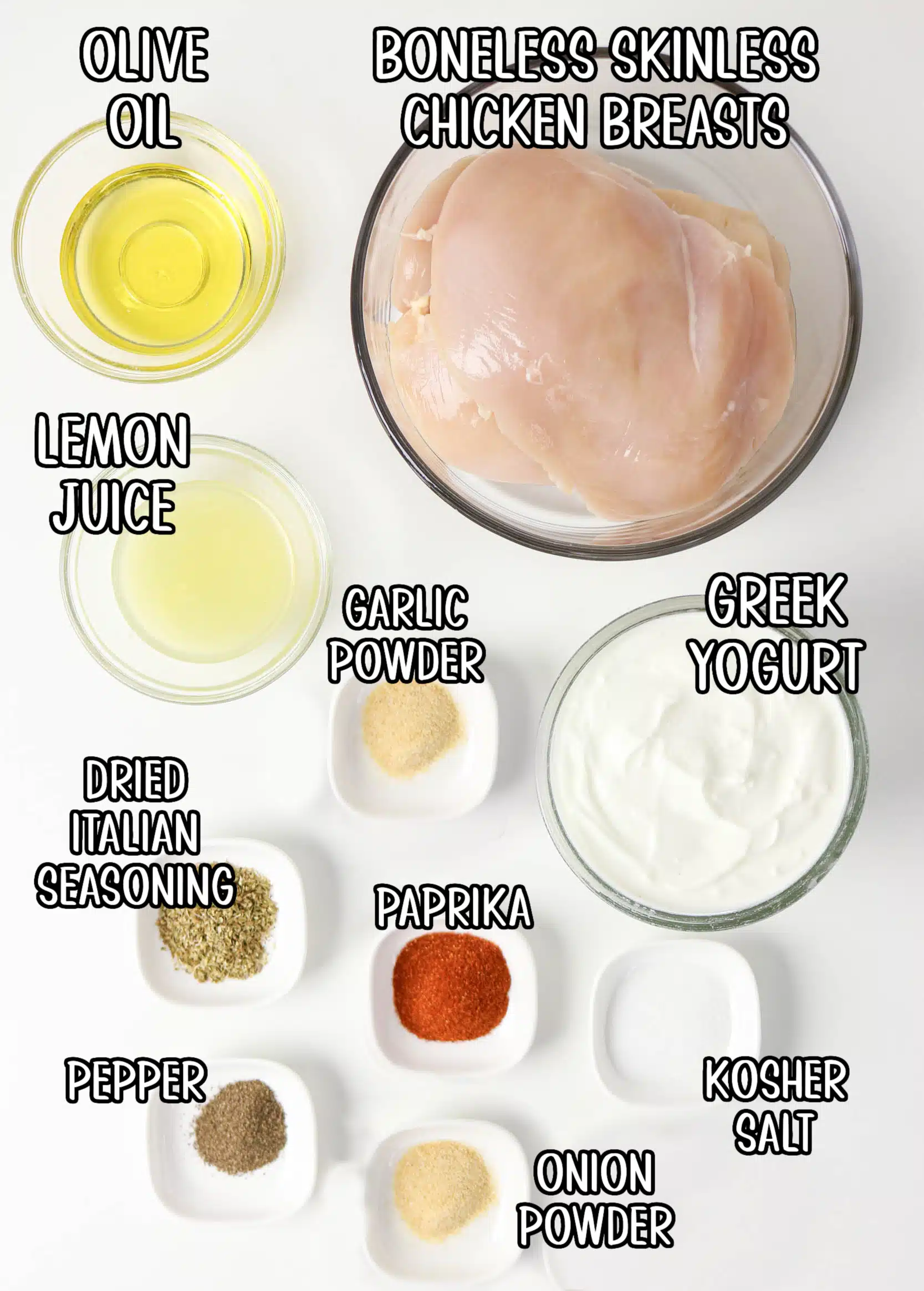 Greek yogurt marinated chicken ingredients with text