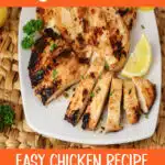 marinated chicken breasts on a platter with text overlay