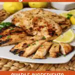 platter of marinated Greek yogurt chicken with text overlay