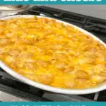 3 cheese macaroni and cheese in an oval baking dish with text overlay