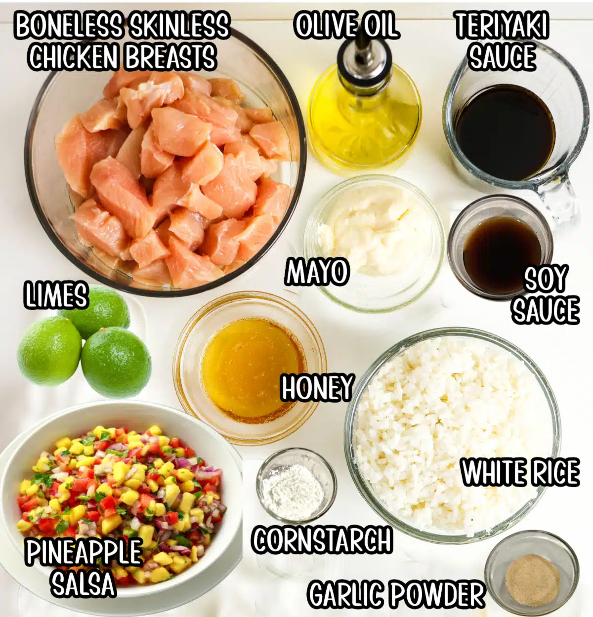 ingredients for chicken bowls with rice and pineapple salsa
