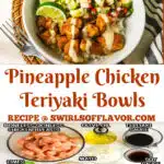 bowl of pineapple salsa chicken and rice and ingredients with text overlay