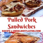 pulled pork sandwiches on a wooden board with text overlay