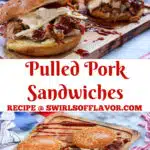 pulled pork sandwiches on a wooden board with text overlay