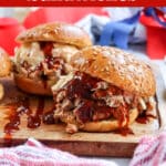 close up of barbecue pulled pork sandwiches with text overlay