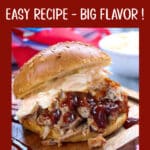 close up of barbecue pulled pork sandwich with text overlay