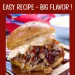 close up of barbecue pulled pork sandwich with text overlay