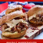 pork sandwiches on a wooden board with text overlay