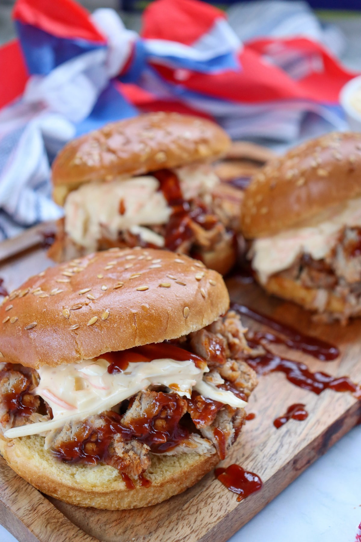 close up of barbecue pork sandwiches