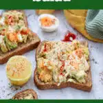 open-faced avocado egg salad sandwich with text overlay