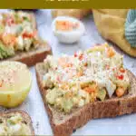 avocado egg salad on bread with text overlay